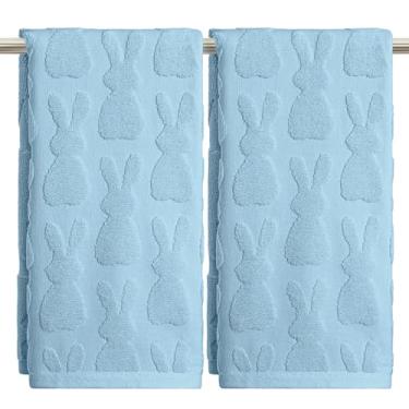 Imagem de Artoid Mode 2 peças de toalhas de mão azul claro 3D coelho jacquard Páscoa para banheiro, 100% algodão macio absorvente toalha de decoração de banheiro, 14,7 x 29,5 polegadas