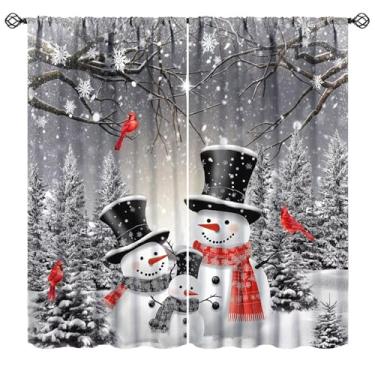 Imagem de Cortinas de Natal, Floresta Nevada, Bonito, Boneco de Neve, Pinheiros, Pássaros Vermelhos, Rústica, Estampa de Floco de Neve, Cortinas de Janela para Quarto de Crianças, Sala de Estar, Cozinha, 106,7