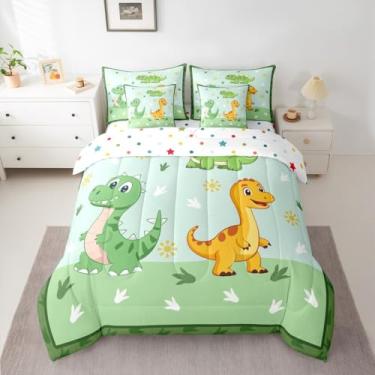 Imagem de Jogo de cama infantil de dinossauro, 7 peças, fofo, dinossauro, 3D, com lençóis, fronhas e capa de almofada de microfibra macia para decoração de quarto