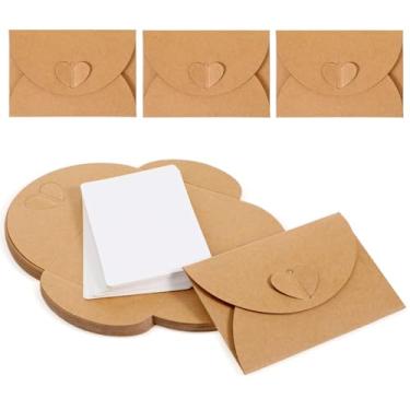 Imagem de 25 mini envelopes com cartões em branco, envelopes de cartão de presente KraftPaper, envelope minúsculo marrom de 10,4 cm x 6,9 cm com fecho de coração, mini porta-cartões de presente para cartões de