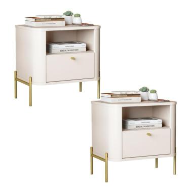 Imagem de Kit 2 Mesas Cabeceira Quarto Tucupí Slim 1 Gaveta Pés Metal Off White-Dourado