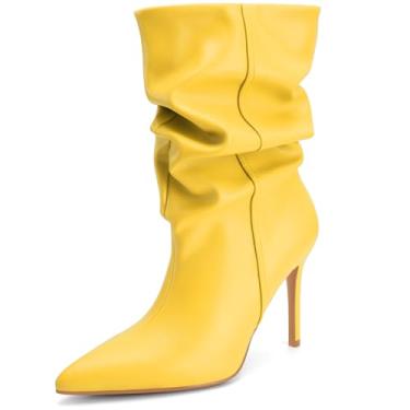 Imagem de Perisis Botas femininas de cano médio despojadas, salto alto, bico fino, botas confortáveis para outono e inverno, Poliuretano amarelo, 36