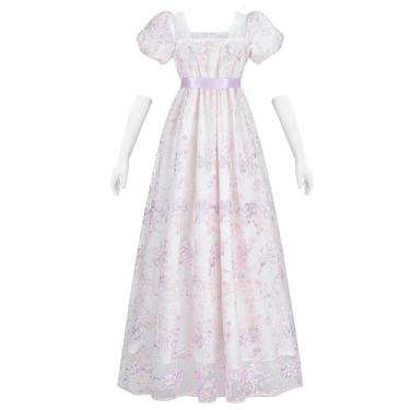 Imagem de NSPSTT Vestidos Dourados Estilo Regência Para Mulheres, Tamanho Grande, Vestido De Baile Vitoriano Com Luvas Brancas Longas, Roxo, P
