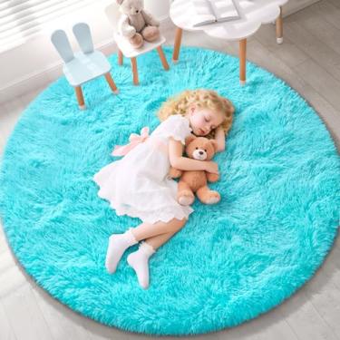 Imagem de EVOIONOS Tapete redondo azul para sala de estar, 1,8 x 1,8 m, tapetes macios e macios para quarto, tapete circular felpudo de pelúcia para piso interno, cabeceira, berçário, lavável na máquina
