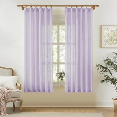Imagem de KangBang Cortinas transparentes de lavanda 153 cm de comprimento, cortinas plissadas de voile texturizadas para quarto com 2 painéis, cortinas plissadas com filtro de luz solar bonitas para sala de