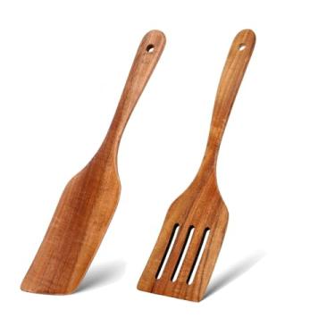 Imagem de Conjunto de utensílios de madeira de 2 peças, espátula quadrada angular e espátula de filtro de 3 linhas, adequado para mexer panela antiaderente e cozinhar em casa