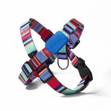 Imagem de Peitoral em X e Guia para Cães Raios e Listras Azul - P