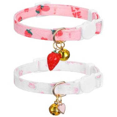 Imagem de Sibba 2 coleiras para gatos separáveis, coleiras de algodão para gatos com sinos, morangos rosa e pingente branco em forma de coração para meninas, meninos e gatos, ajustável de 18 a 30 cm