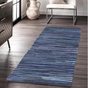 Imagem de VEVARA HOMES Tapete Chindi de algodão feito à mão, pano para corredor, lavável, reciclado, para decoração de casa, sala de estar e quarto (azul marinho, 5,5 x 2,5 m)