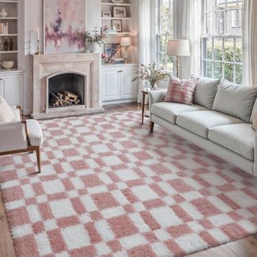 Imagem de HUGEAR Tapete quadriculado 20 x 25 cm para sala de estar, rosa e branco, moderno, lavável, tapete de área grande, supermacio, tapete felpudo fofo, aspirável, para quarto, decoração de casa