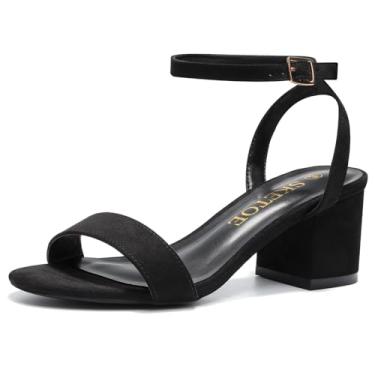 Imagem de SKETOE Sandálias femininas de salto grosso, bico aberto, tira no tornozelo, para pés largos, elegantes para casamento, festa, 6 cm, Preto, 8.5 Wide