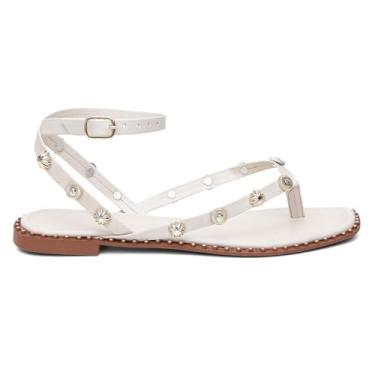 Imagem de Sandália Feminina Rasteirinha Minimalist Off White Fivela Tiras com Detalhes em Metal Dedo Verão (BR, Adulto, Numérico, 40)