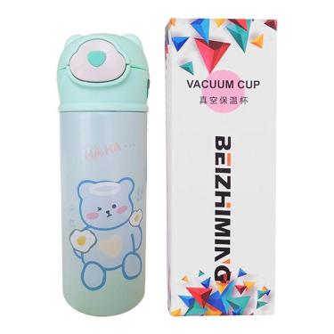 Imagem de Garrafa Térmica Infantil Verde 420ml Com Tampa De Ursinho E Canudo Para Bebidas Quentes E Frias