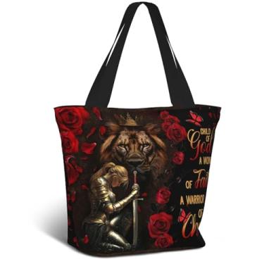 Imagem de Moduyok Sacolas femininas bíblicas cristãs para igreja, religiosa, reutilizável, sacola de mercearia, Leão da Bíblia e Guerreiro, One Size