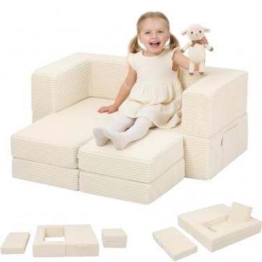 Imagem de MeMoreCool Sofá infantil modular, sofá infantil de veludo cotelê para móveis de sala de jogos, sofá-cama infantil de espuma conversível, sofá de bebê dobrável para meninas e meninos, bege