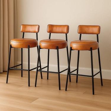 Imagem de Banqueta Cozinha Alta Com Encosto Industrial Preto Kit 3 Londres Pu Whisky D03 - D`rossi