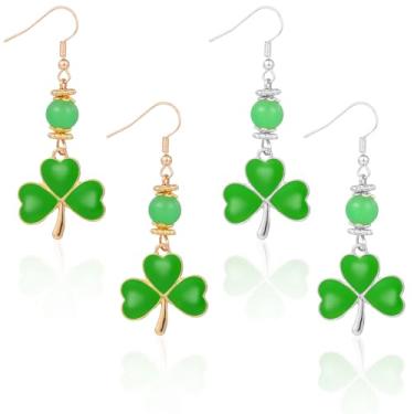 Imagem de 2 pares de brincos de Dia de São Patrício, brincos de trevo verde trevo de quatro folhas, brincos de trevo de liga de zinco, acessórios para o dia de São Patrício, para mulheres (ouro + prata)
