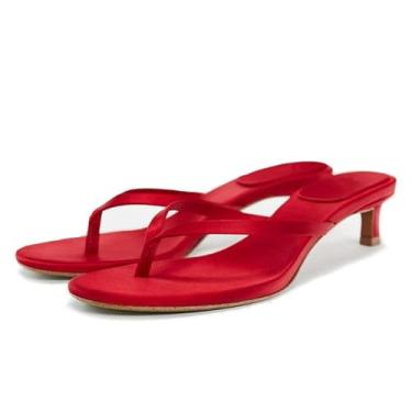 Imagem de SAFECAMS Sandália feminina de salto baixo com salto gatinho redonda aberta e confortável para o verão, Vermelho, 38