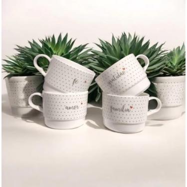 Imagem de Conjunto de 4 Xícaras Decorativas Empilháveis, Acrílico, 200ml, com Frases Inspiradoras Fe Amor Familia Gratidao, Padrão de Bolinhas, em Branco, Rosa, Turquesa e Vermelha (Branco)