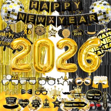 Imagem de Abitoncc 63 Peças De Decoração Feliz Ano Novo 2025, Kit Suprimentos Para Festa Véspera Novo, Inclui Números, Balões, Banners, Óculos, Chapéus, Cortina Com Franjas Pretas E Douradas Natal