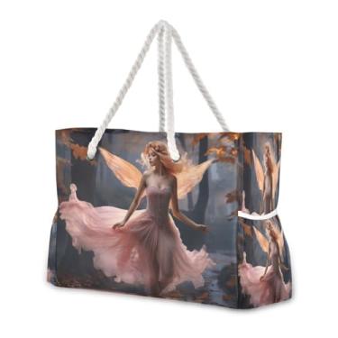 Imagem de Wassud Bolsa de praia linda anjo grande bolsa de praia para mulheres, impermeável, à prova d'água, à prova de areia, bolsa de viagem com zíper e bolso, piscina, academia, acampamento, bolsa
