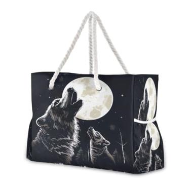 Imagem de Wassud Bolsa de praia The Howling Wolf Bolsa de praia grande para mulheres, impermeável, à prova de areia, bolsa de viagem com zíper e bolso para piscina, academia, acampamento