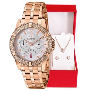 Imagem de Relógio de Pulso Feminino Ana Hickmann Rosé AH30255Z Colar e Brincos -
