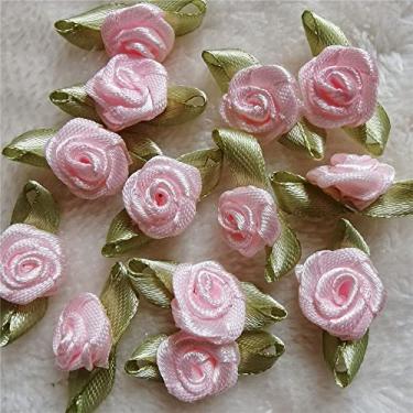 Imagem de 100 peças de 15 mm mini flores rosas laços de fita de cetim multicoloridos apliques artificiais feitos à mão acessórios de artesanato de costura de casamento noiva decoração caixa de presente (rosa)