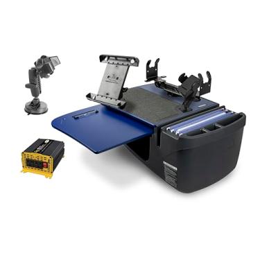 Imagem de AutoExec Mesa de carro GripMaster para sua estação de trabalho de veículo e escritório móvel, azul, com inversor de potência de 400 watts, suporte de impressora, suporte para telefone, suporte para