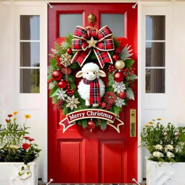 Imagem de BlissYard Capa de porta de ovelha de Natal 188 x 89 cm, faixa de Natal para decoração interna e externa, grande pano de fundo vermelho com guirlanda de laço xadrez, lindas bolas de floco de neve de