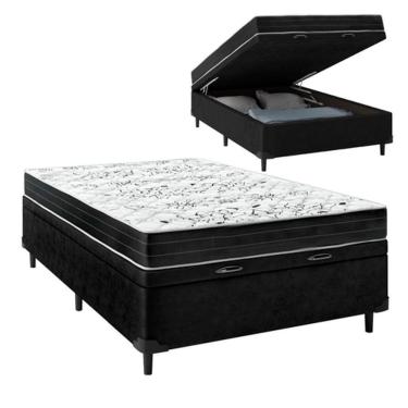 Imagem de Cama Box Baú Casal Sintético Preto Colchão De Espuma Semi Ortopédica Extra Firme 80kg