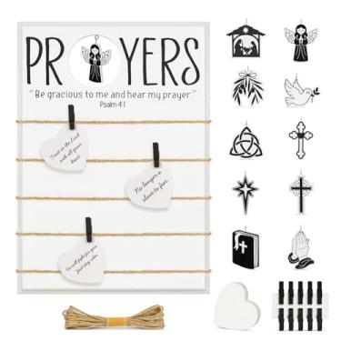 Imagem de Quadro de oração intercambiável, versículo bíblico para pendurar na parede com 10 pingentes de oração, arte de parede religiosa de madeira de 43 x 30 cm, decoração de fé cristã para casa, escritório