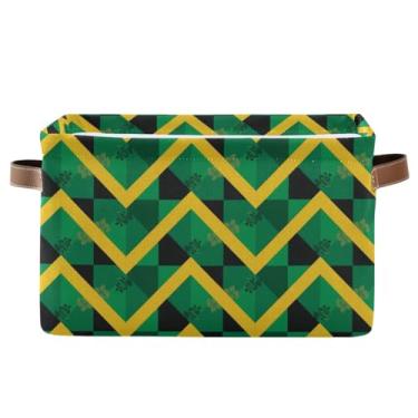 Imagem de Cestas retangulares com alças – Cesta de armazenamento de tela dobrável de 36 cm x 26 cm para prateleiras, bandeira jamaicana de escritório em casa, verde, amarelo, preto, 1 pacote