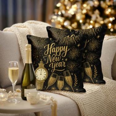 Imagem de HOMETITUTE Conjunto de 2 capas de almofada de linho feliz ano novo 45 x 45 cm ouro preto fogos de artifício relógio champanhe capas de almofada rústica casa de fazenda férias inverno fronhas para sofá