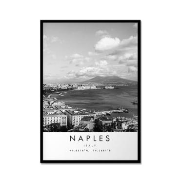 Imagem de Pôster de viagem preto e branco impressão paisagem da cidade do mundo pintura em tela Nápoles arte de parede decoração de casa (8 x 12 polegadas (20 x 30 cm), moldura de metal)