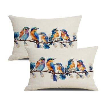 Imagem de yeshttdy Blue Small Birds Capas de almofada lombar 30,5 x 50,8 cm, conjunto de 2 capas de almofada decorativas de primavera para ambientes externos e internos para decoração de sofá e jardim