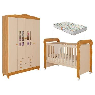 Imagem de Berço Americano Mirelle E Guarda Roupa Infantil Ariel 4 Portas Off White Bétula Com Colchão Gazin- Carolina Baby