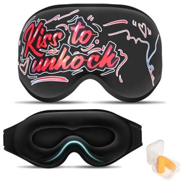 Imagem de Máscara de dormir 3D para pessoas que dormem de lado, padrão engraçado, homens e mulheres, 100% de bloqueio de luz e sem pressão ocular, venda noturna ajustável para viagens, voo, soneca, preta (beijo