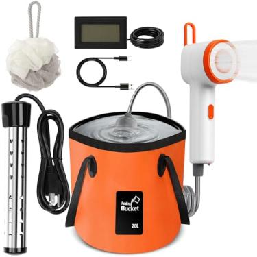 Imagem de Chuveiro portátil com aquecedor, bomba de chuveiro de acampamento portátil recarregável de 2500 mAh com luz, balde dobrável de 14 litros, display digital para caminhadas, viagens, animais de estimação