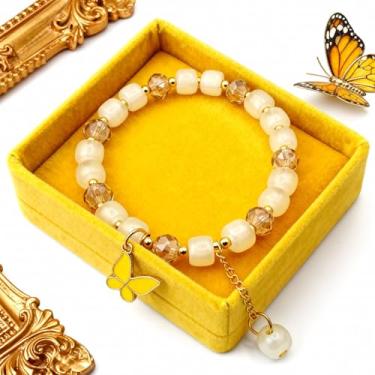 Imagem de Pulseira feminina com pingente de borboleta, pulseira elástica com pingente de cristal ajustável com pingente de borboleta e miçangas, joia elegante estilo boêmio, presente para ela, One Size, Cristal