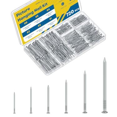 Imagem de Vibit Kit sortido de 720 peças, 6 tamanhos, pregos para pendurar quadros para arte de parede, pregos pequenos para pendurar imagens, pregos de madeira para drywall, pregos de acabamento para pendurar