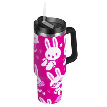 Imagem de Joisal Copos com tampa e canudo fofo coelhos rosa corações 850 g copo com alça carros à prova de vazamento garrafa de água isolada aço inoxidável caneca de café quente para carros