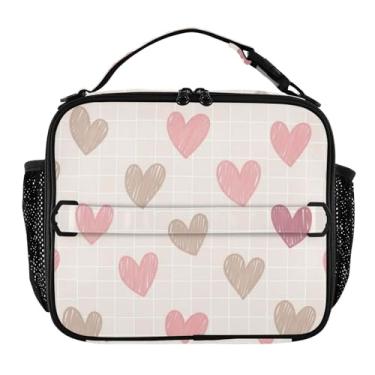 Imagem de Joisal Lancheira xadrez bege com corações rosa marrom para mulheres, meninas, lancheira masculina e infantil, lancheira para trabalho, bolsa térmica para meninos