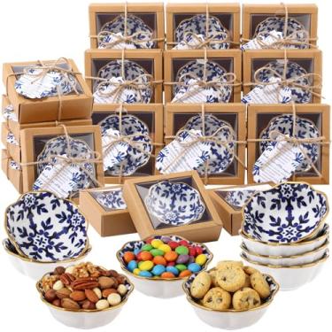 Imagem de Teenyyou 24 conjuntos de lembrancinhas de casamento para convidados tigelas pequenas de cerâmica de 8 cm tigelas de porcelana azul e branca com caixa kraft, cartões de agradecimento para Natal, chá de