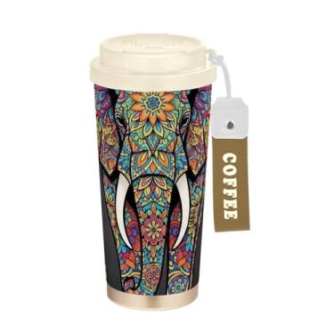 Imagem de TSENQUE Caneca de café de viagem 16+ Oz, copo de café de viagem com revestimento cerâmico com canudo e tampa, copo isolado a vácuo de aço inoxidável, mandala de elefante floral preto