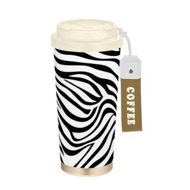 Imagem de TSENQUE Caneca de café de viagem 40 ml com tampa de canudo e filp, copo de café de aço inoxidável isolado a vácuo à prova de vazamento, listrado minimalista preto e branco