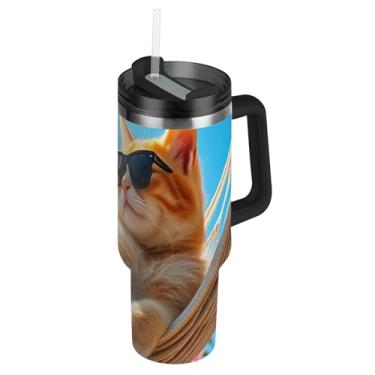 Imagem de Joisal Copos de aço inoxidável com tampas e canudos Sunshine Cute Orange Cat Cars Caneca de café bebida quente copo moderno 1,134 g copo com alça garrafa de água isolada