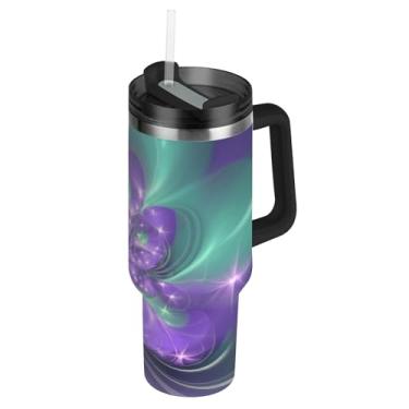 Imagem de Joisal Copo com alça de aço inoxidável de 850 g com tampas e canudo rosa isolado garrafa de água copo para estrelas de flores roxas quentes e frias