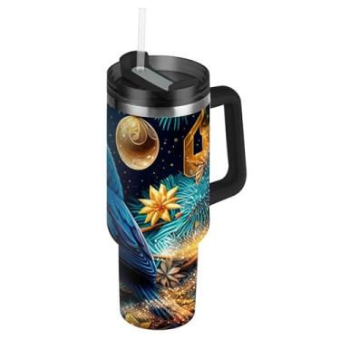 Imagem de Joisal Copo de estrela de árvore de Natal Blue Bird com tampas e canudos, à prova de vazamento, copo fofo com alça, garrafa de água de 850 g, copo de aço inoxidável isolado para quente e frio