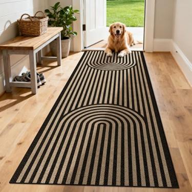 Imagem de JROSING Tapete de juta fácil de arco-íris lavável 5 x 15 cm, preto neutro moderno, geométrico, geométrico, para uso externo, antiderrapante, fino, longo, tapete para corredor, cozinha, entrada